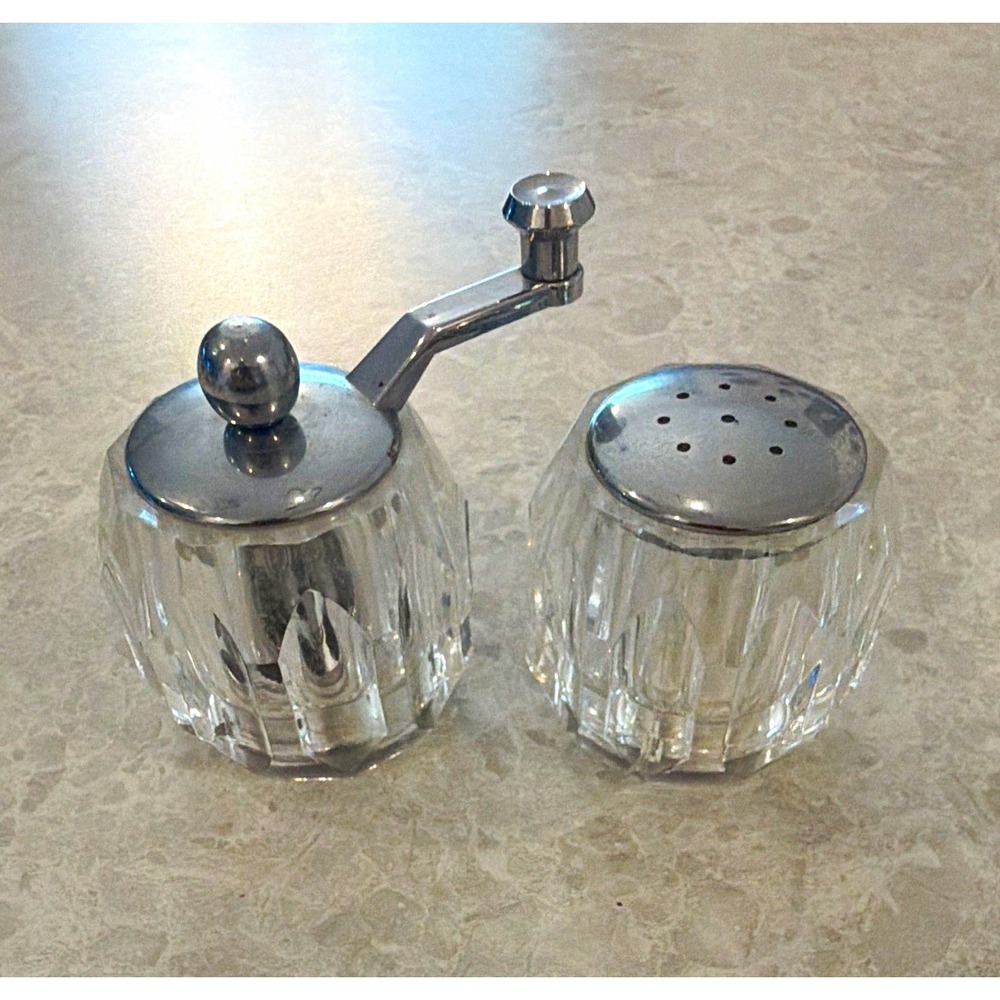 Mr Dudley Faceted Lucite Salt Shaker and Manual Pepper Mill Set Silver Metal 3in